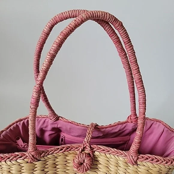 Vintage Handmade Floral Embroidered Straw Tote Bag Beach Mod Resort Retro - Picture 7 of 16